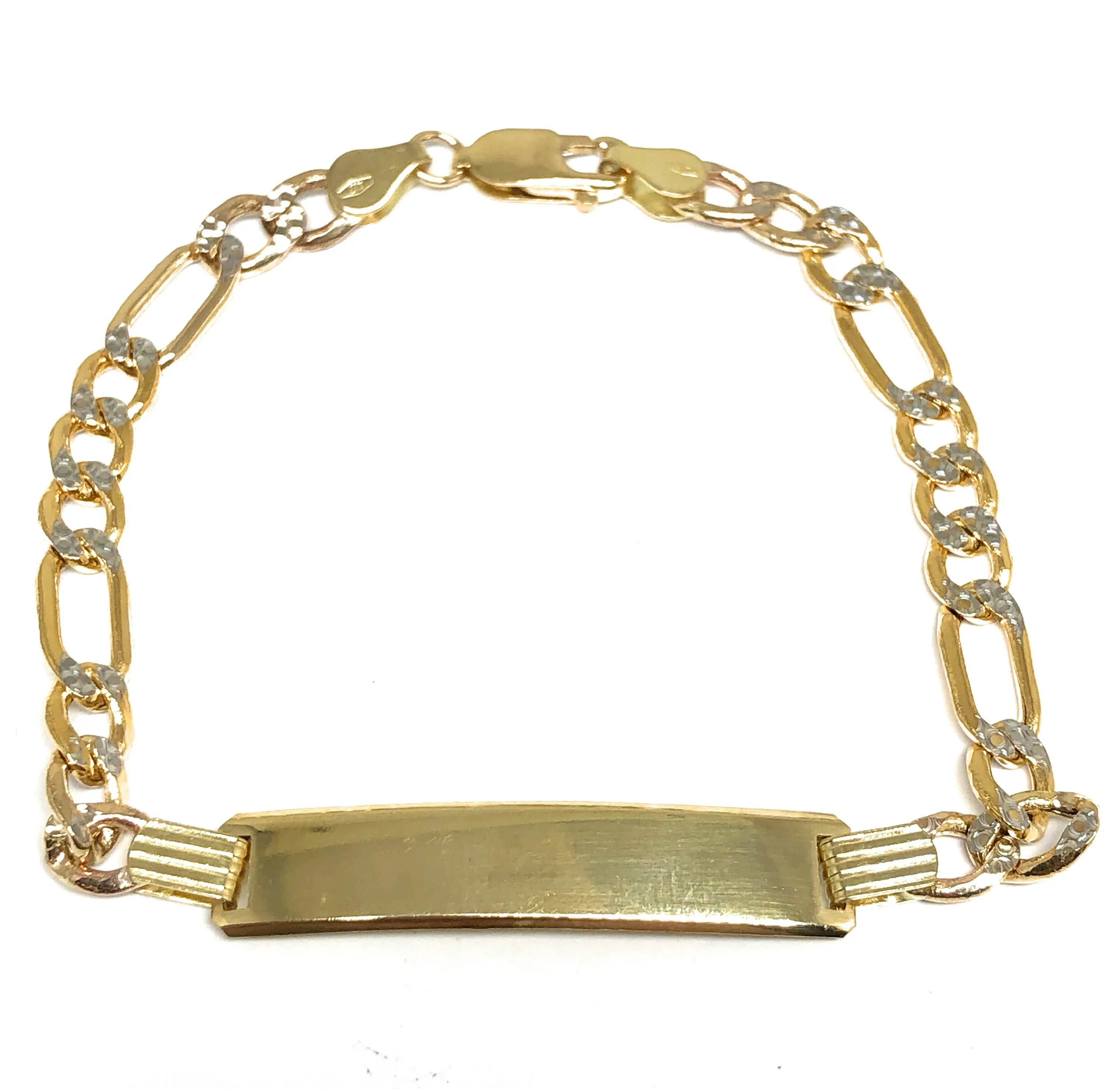 10k Solid Gold Figaro ID Brracelet 8 inch length 6mm Width Diamond Cut (White Gold) (Free Engraving, Email us name!)