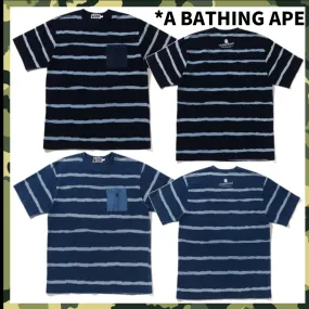 A BATHING APE  |Crew Neck Stripes Street Style Cotton Short Sleeves Logo