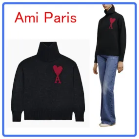 AMI PARIS  |Crew Neck Heart Wool Long Sleeves Plain Elegant Style Logo