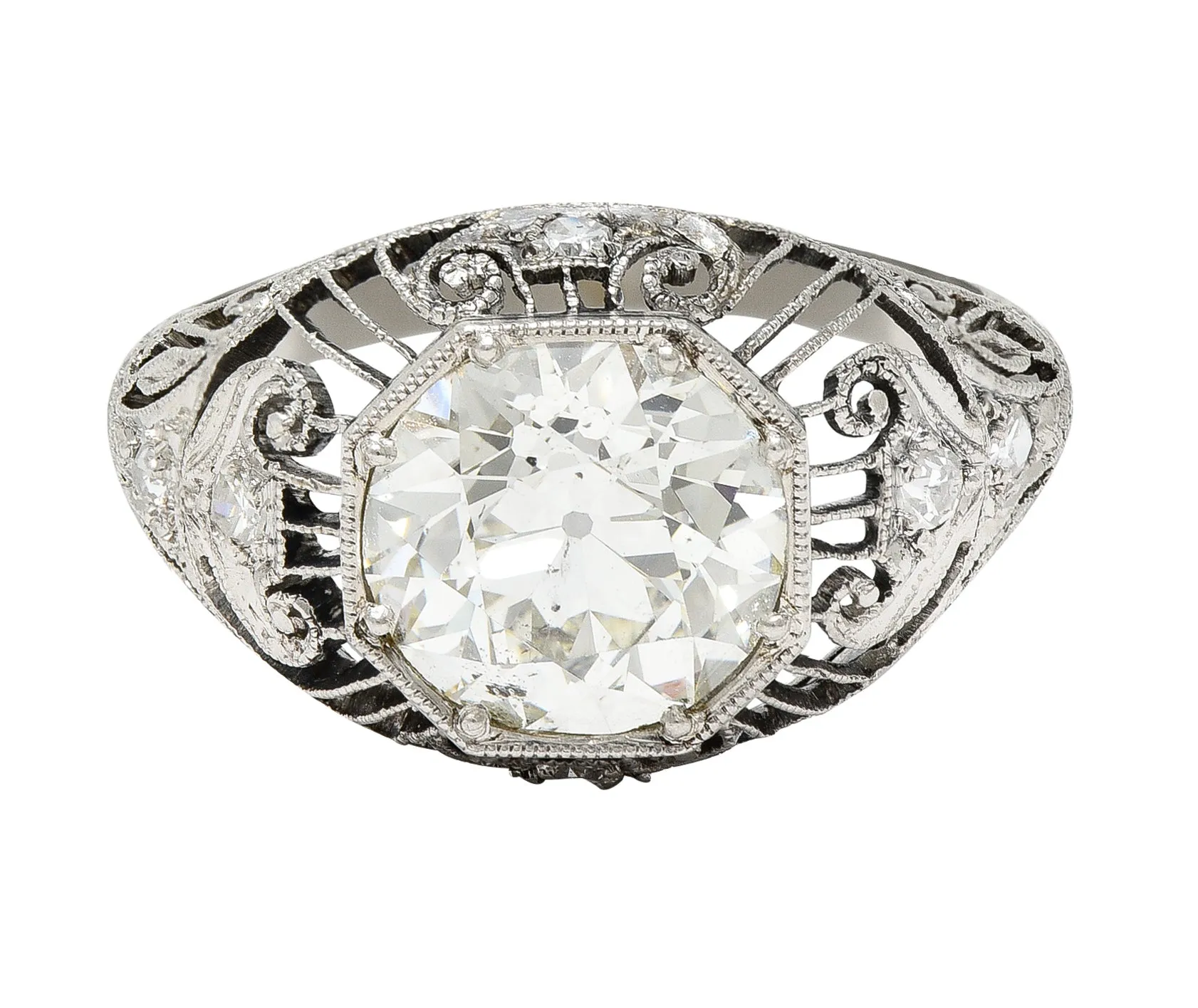 Antique Edwardian 2.45 Carats Old European Diamond Platinum Bombe Engagement Ring