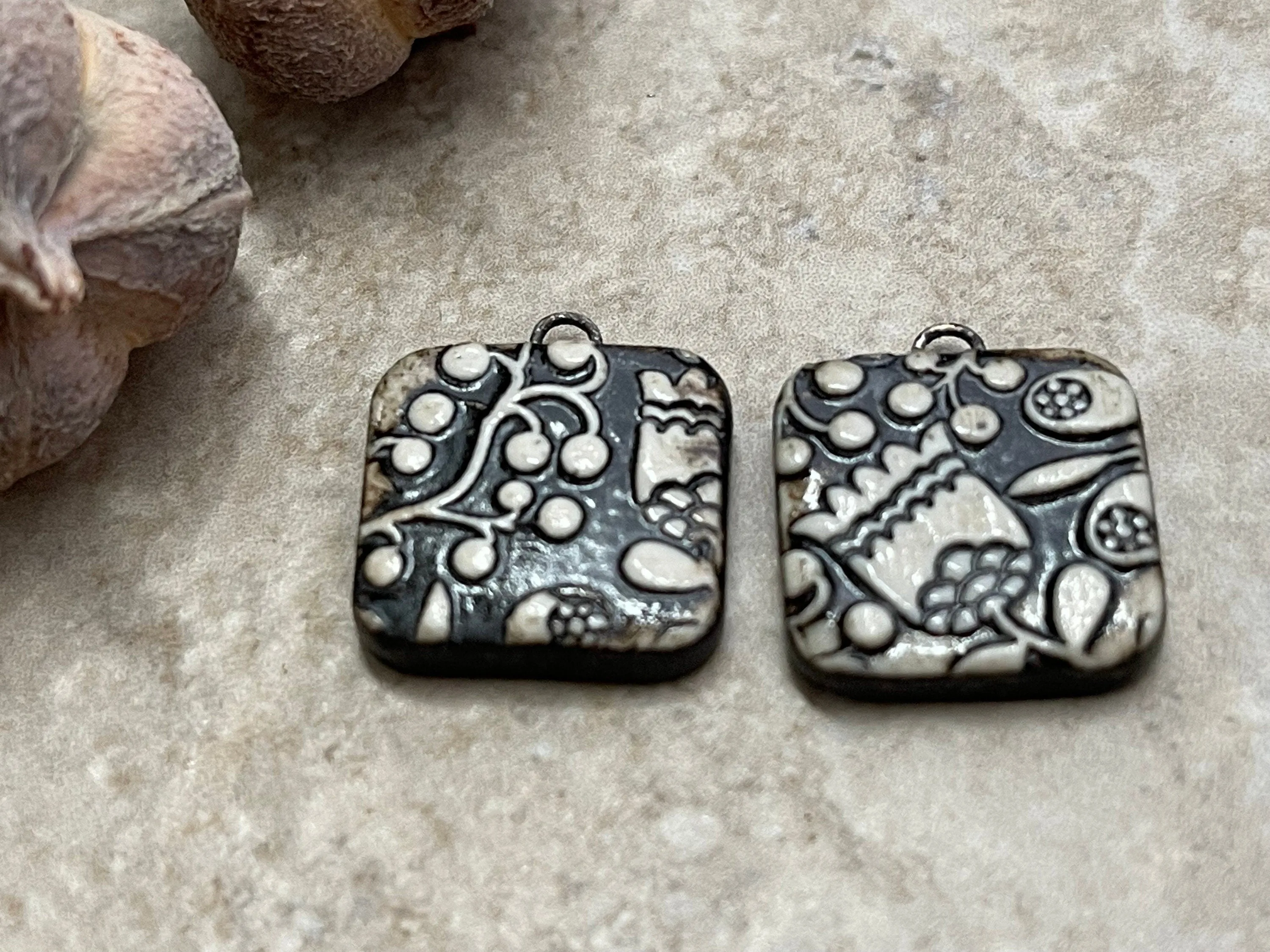 Black and White Tulip Beads, Black Earring Bead Pair, Porcelain Ceramic Charms, Jewelry Making Components, Beading Handmade