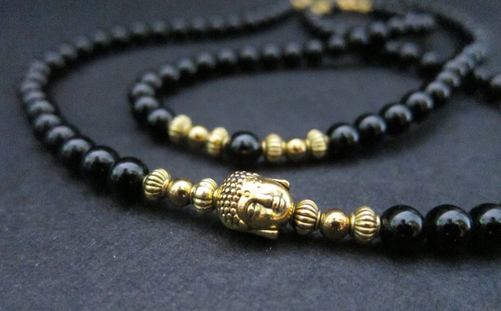 Black Onyx or Red Garnet Buddha Mala Beaded Bracelet/Necklace