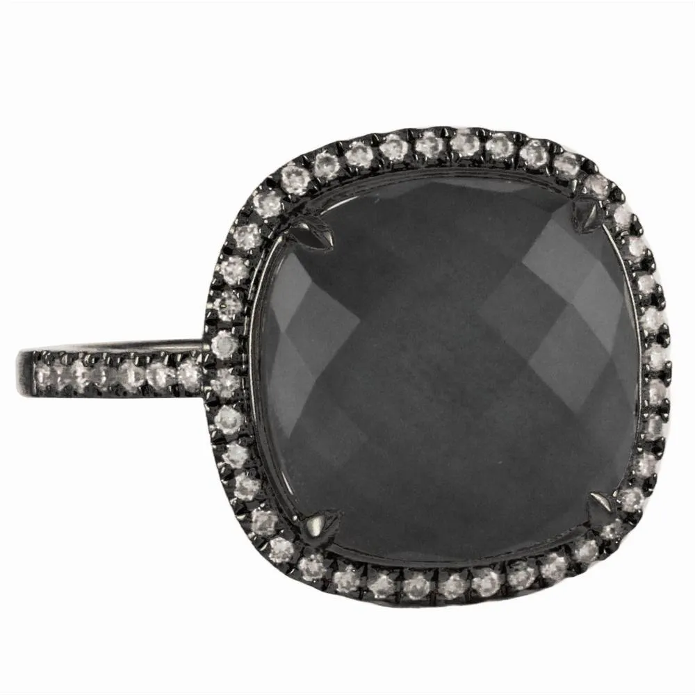 Doves Haute Hematite & Diamond Cushion Halo Black Rhodium Ring