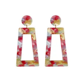 Earrings, Trapezoid, With Post, Cellulose Acetate, Pink, Yellow, Multicolored, 66mm