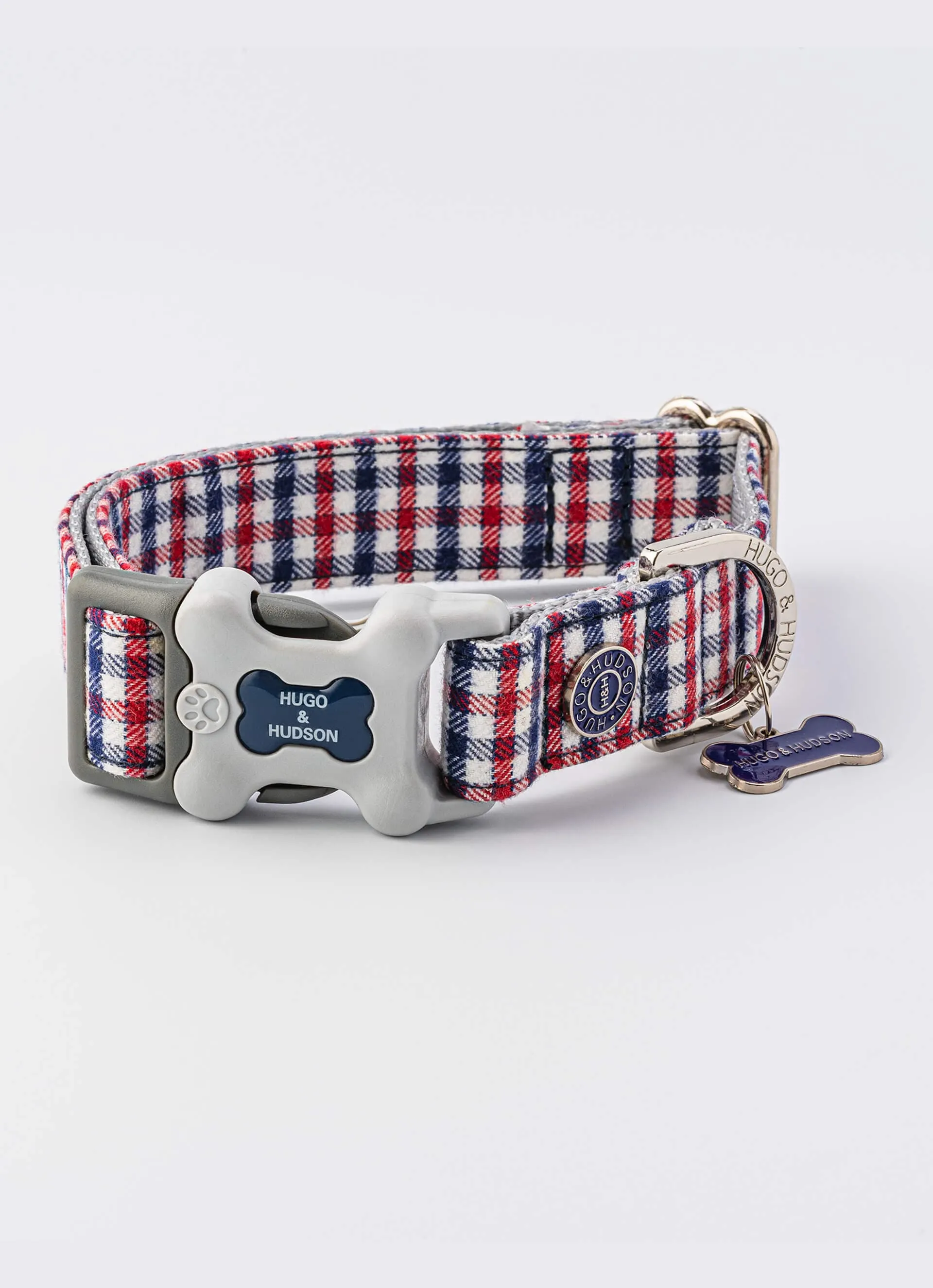 Fabric Dog Collar - Checkered Navy and Red