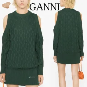 Ganni  |Crew Neck Casual Style Plain Cotton Elegant Style Logo