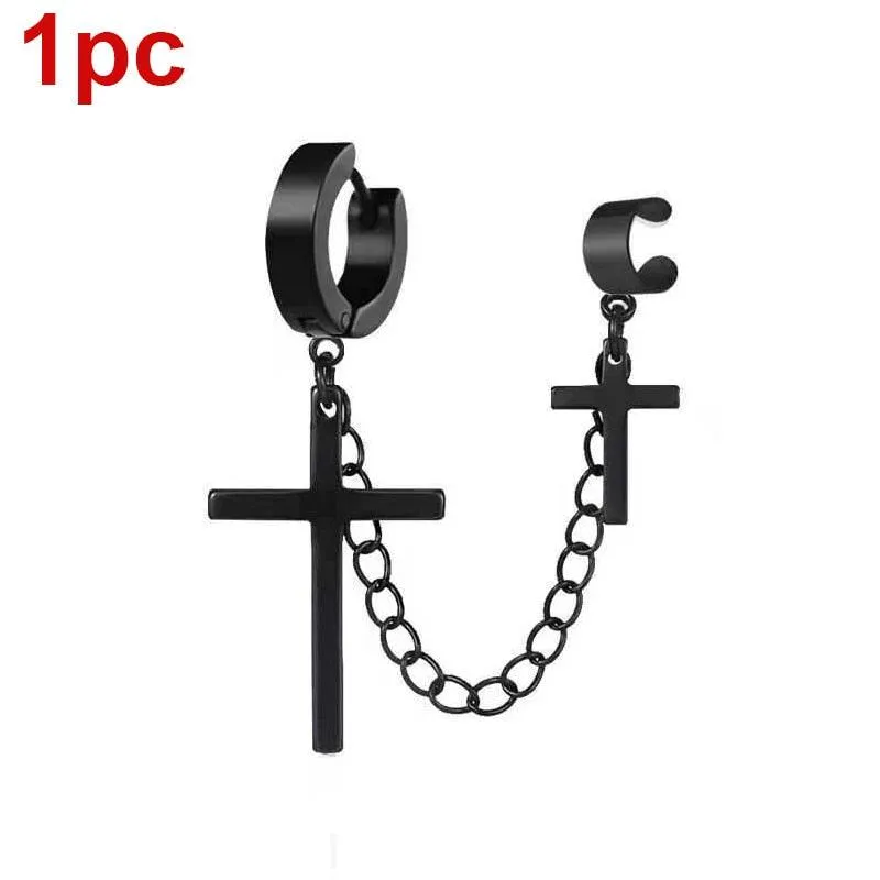 Gothic Cross Tassel Integrated Clip Stud Earring WIth Metal Chain