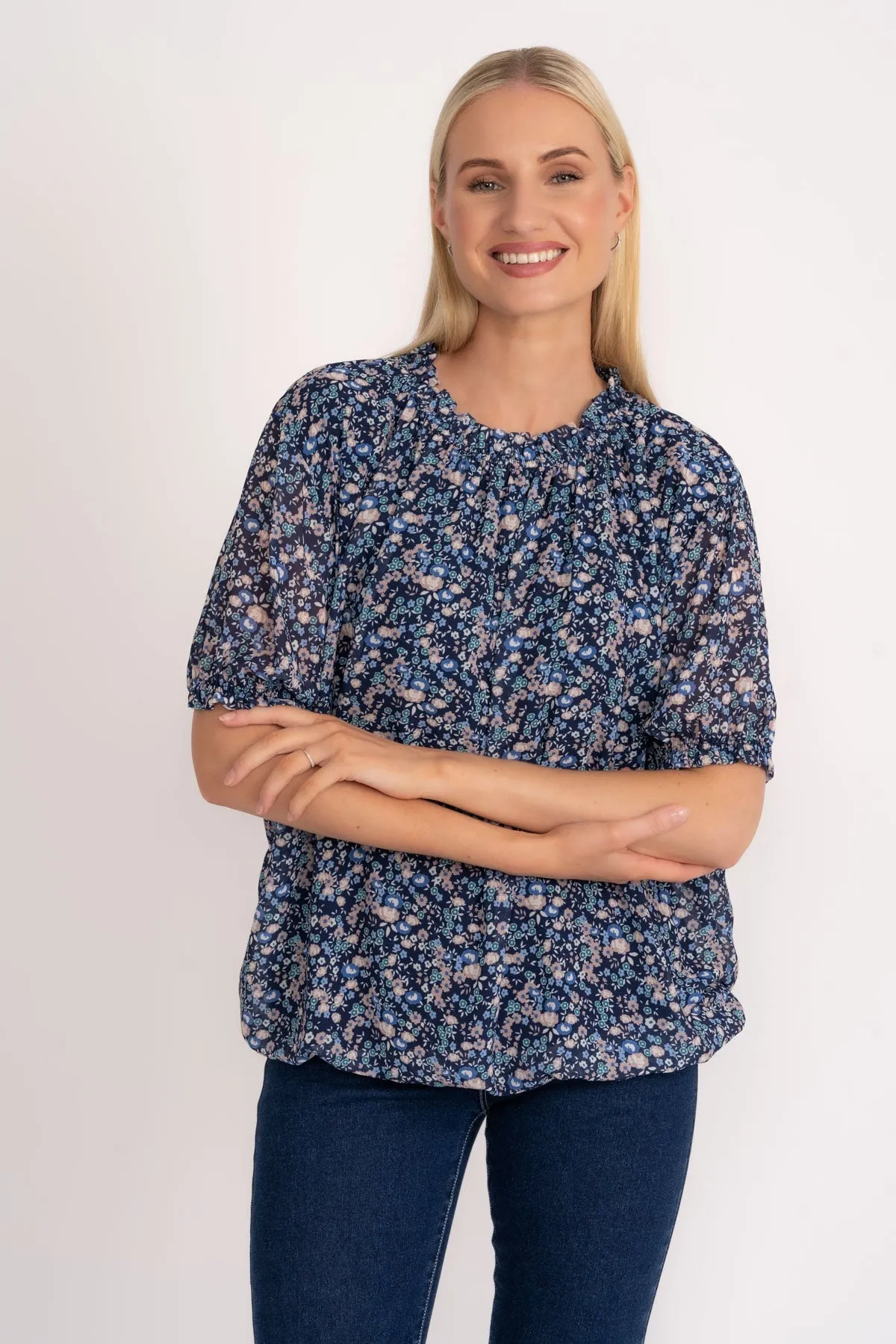 High Neck Short Sleeve Top in Navy Floral Print