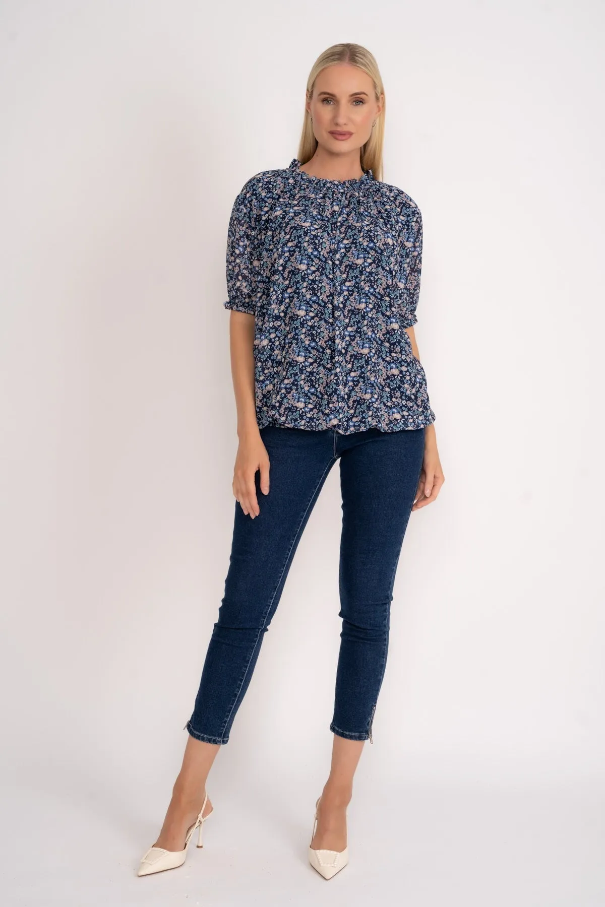 High Neck Short Sleeve Top in Navy Floral Print