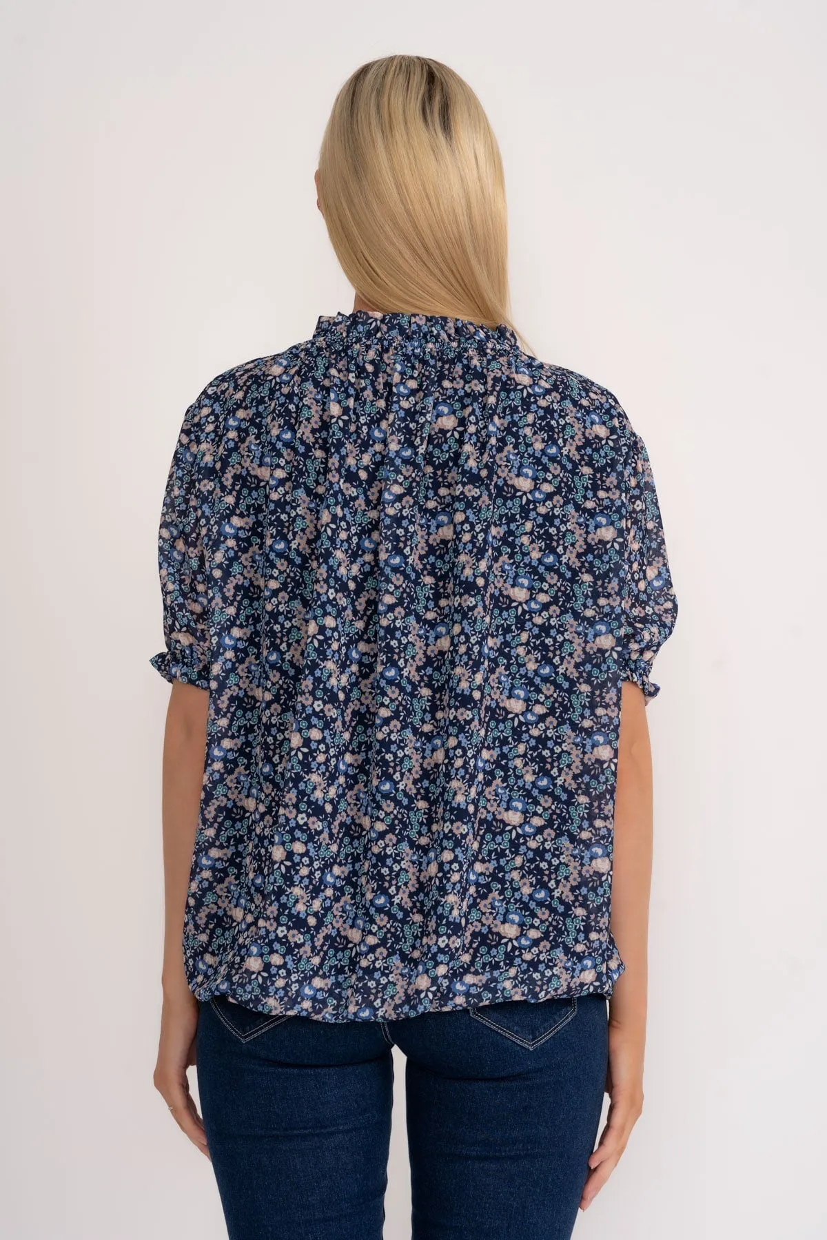 High Neck Short Sleeve Top in Navy Floral Print