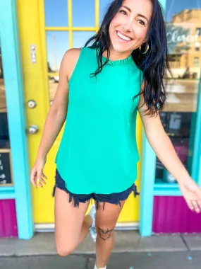 High Ruffle Neck Tank-Green