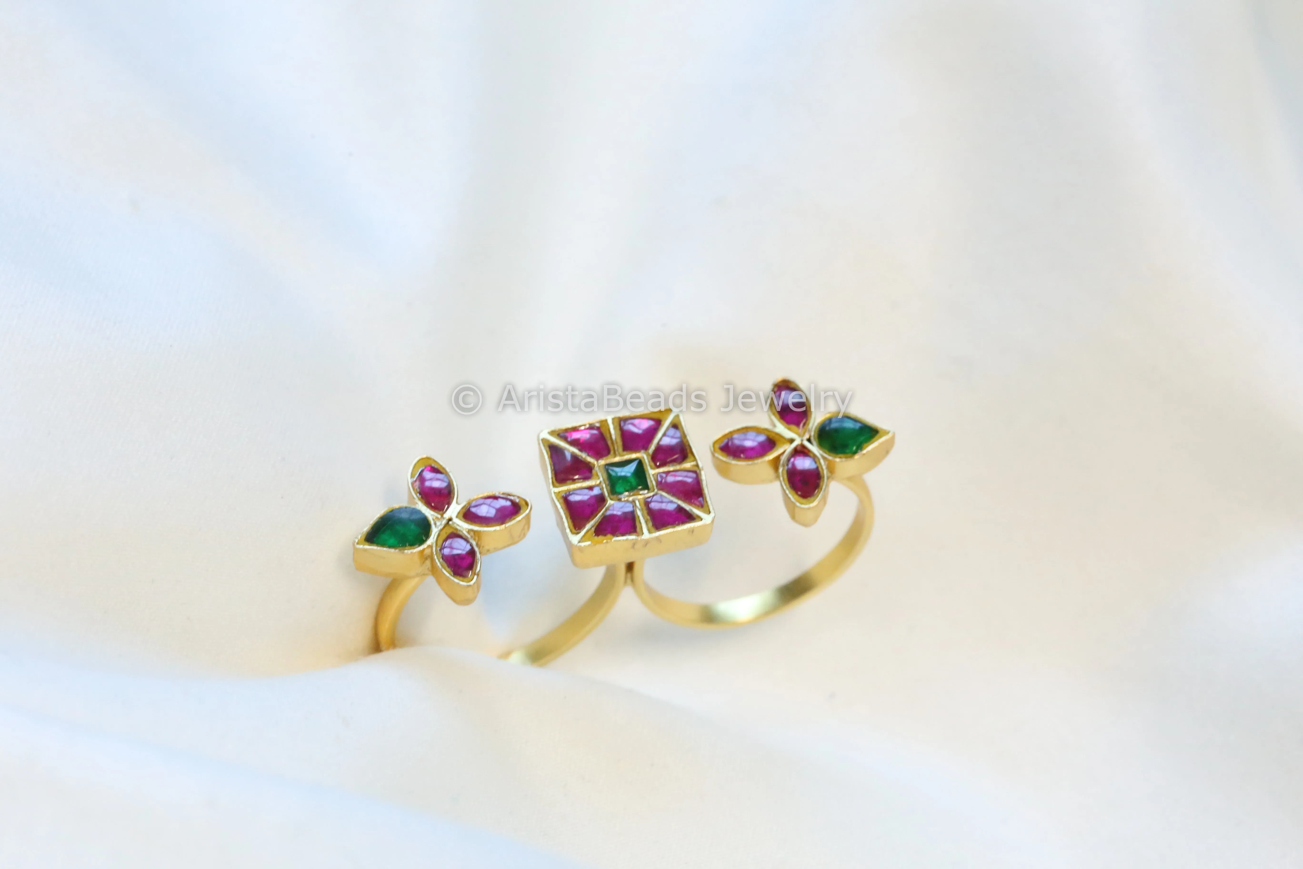 Jadau Kundan Two Finger Bar Ring (Adjustable) - Ruby Green