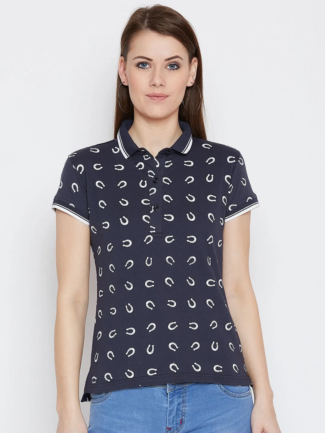 JUMP USA Women Navy Blue Printed Polo Collar T-Shirt