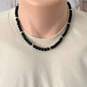 Mens Black Lava 6mm and Gold Beaded Necklace