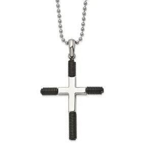 Mens Stainless Steel & Black Plated Coiled XL Cross Necklace, 22 Inch