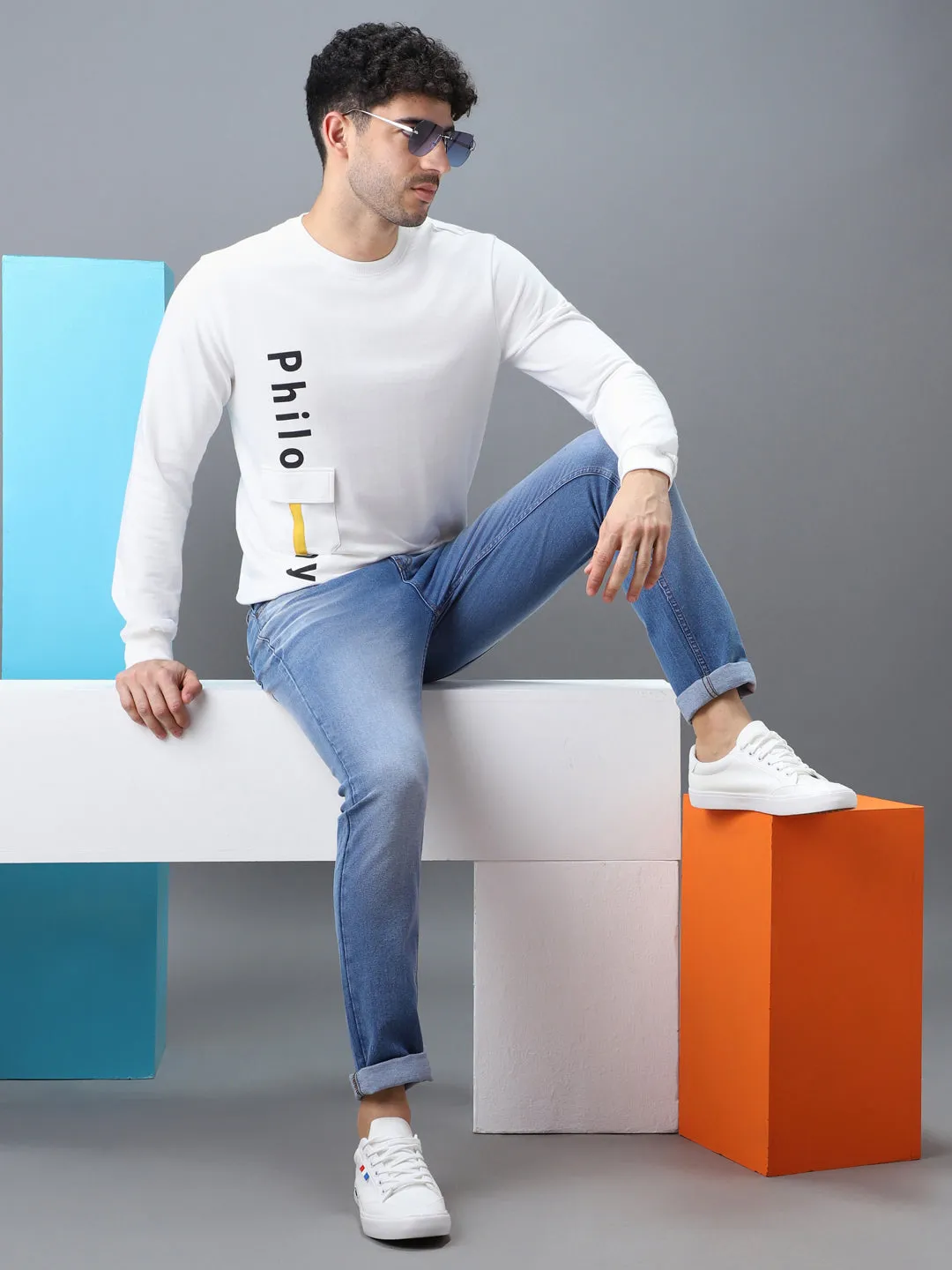 Men's White Cotton Graphic Print Round Neck Sweatshirt