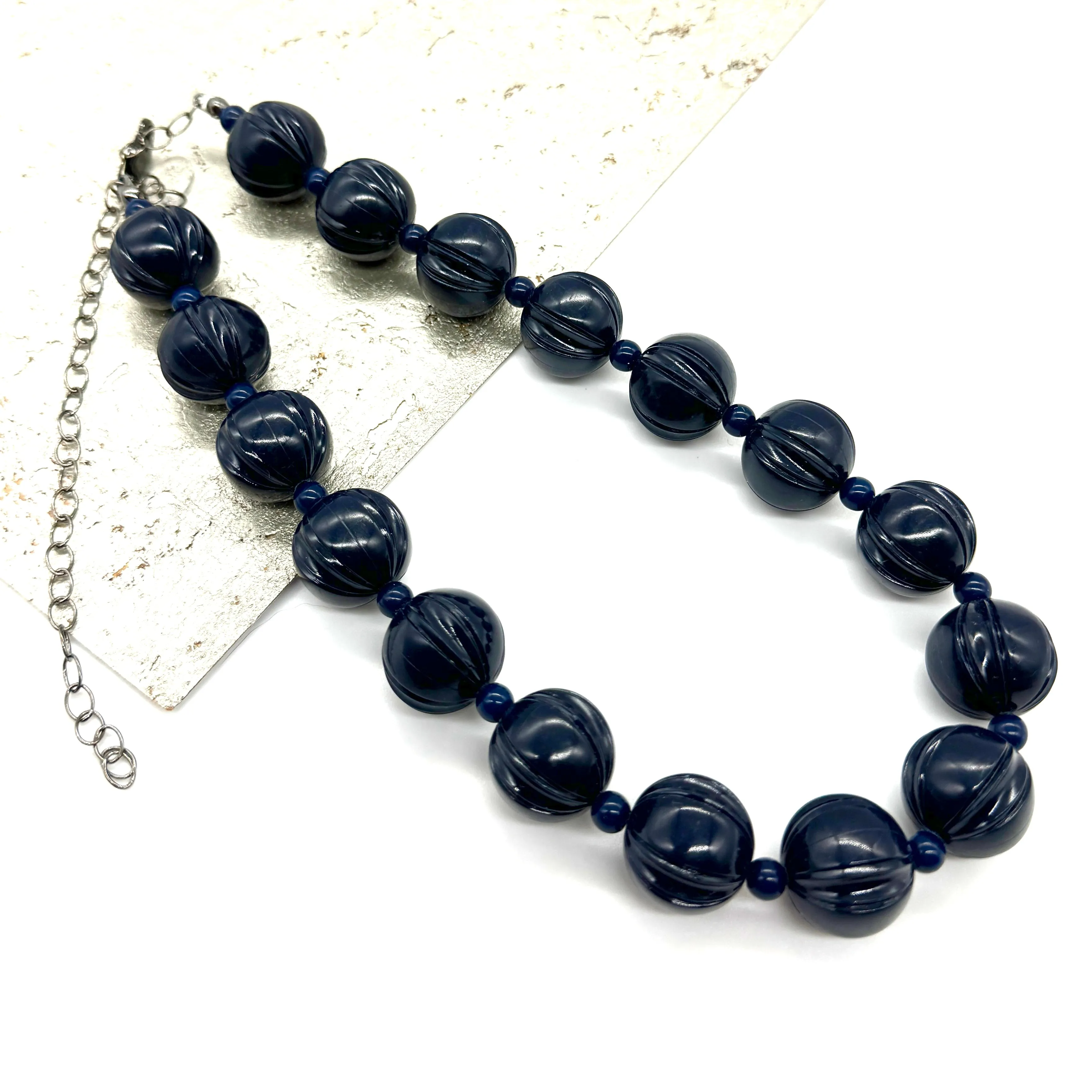 Navy Blue Carved Scalloped Lucite Marco Necklace