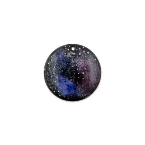 Pendant, Round Disc with Galaxy 30mm, Enameled Brass Blue and Raspberry Pink, by Gardanne Beads (1 Piece)