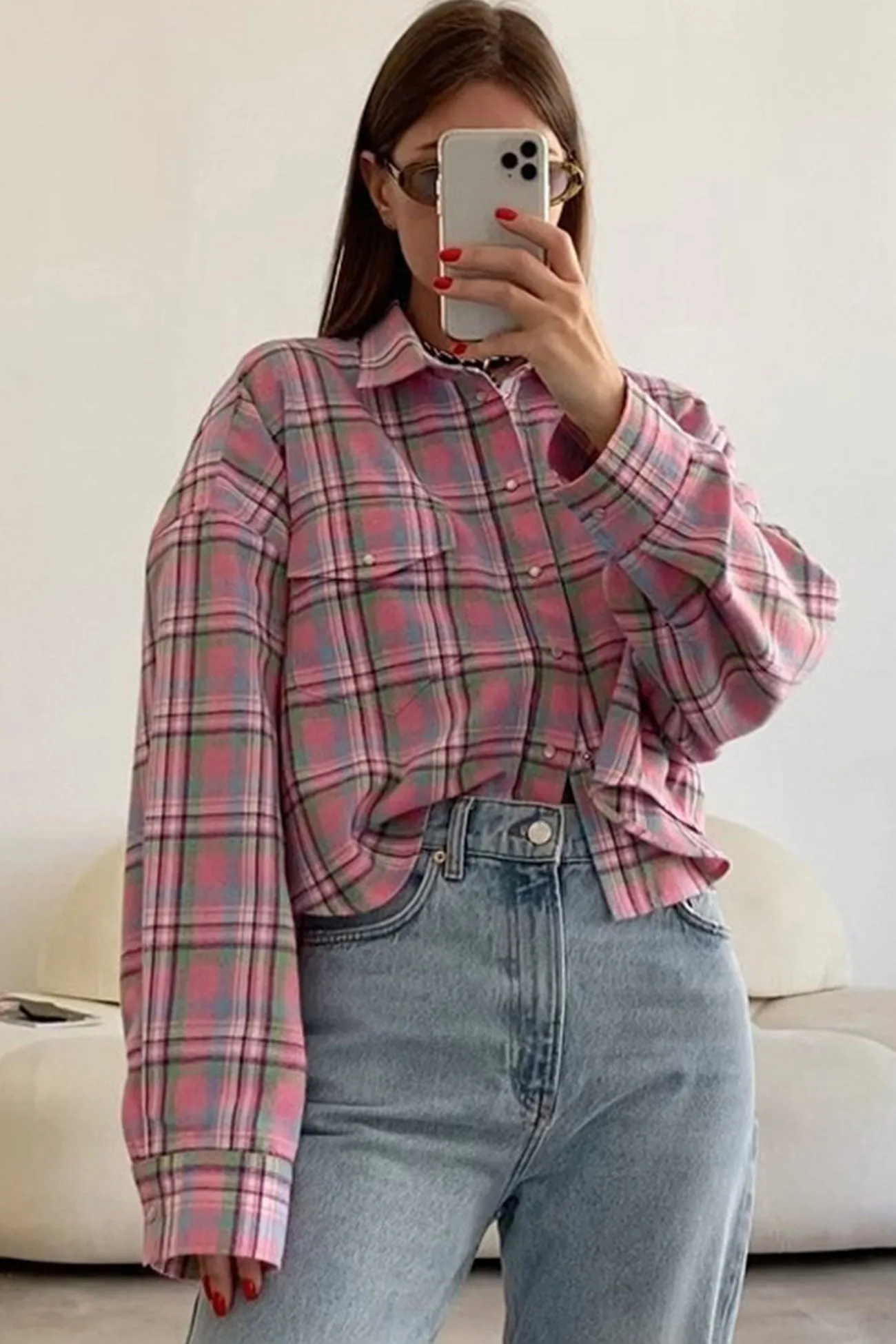 Pink Cotton Plaid Blouse