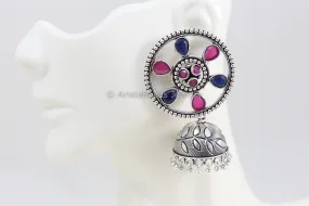 Round Stud Jhumka - Blue Ruby Stones