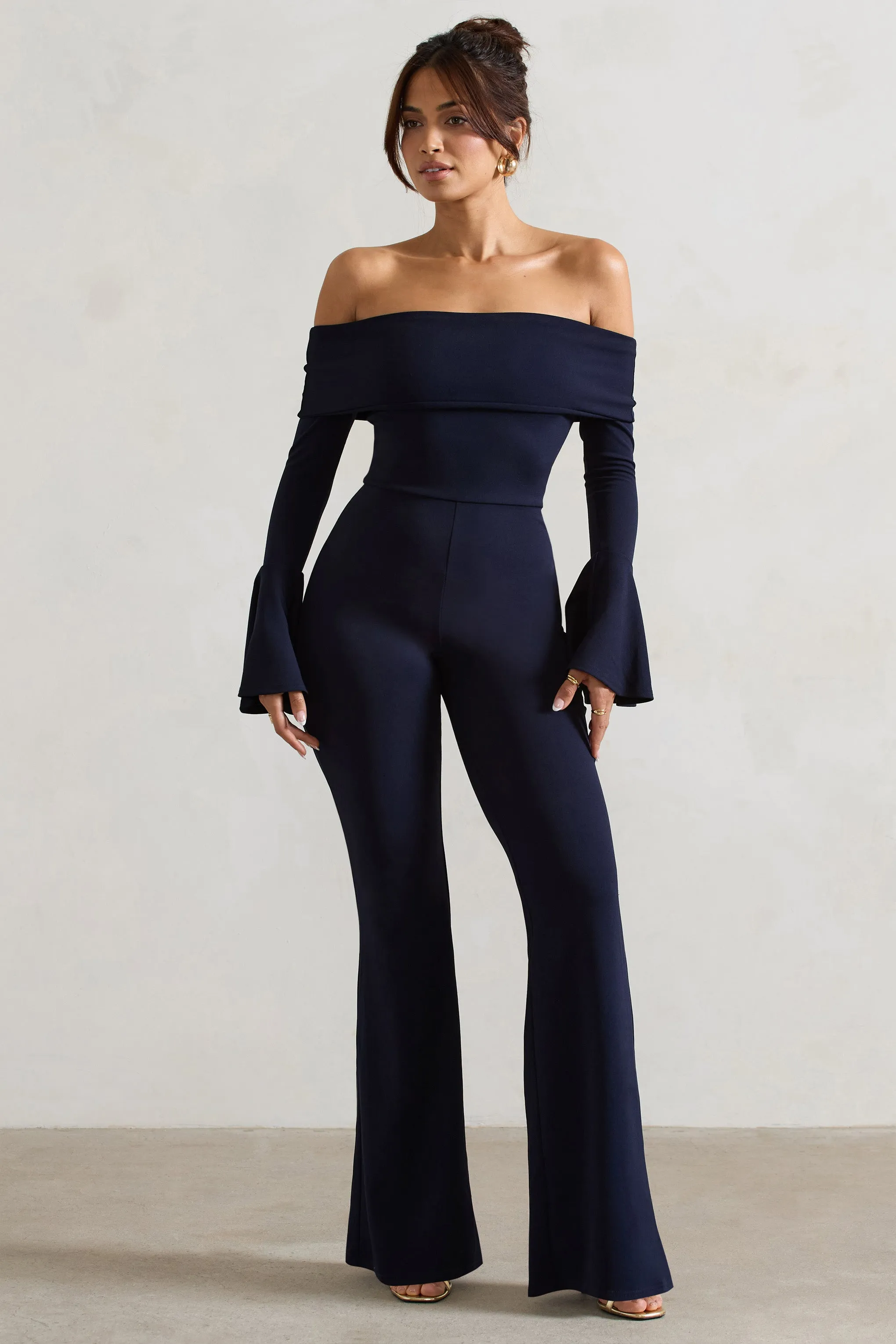 Shauna | Navy Bardot Long-Sleeve Flared Jumpsuit