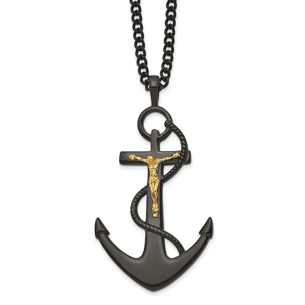 Stainless Steel Black & Gold Tone Plated Crucifix Anchor Necklace 24in