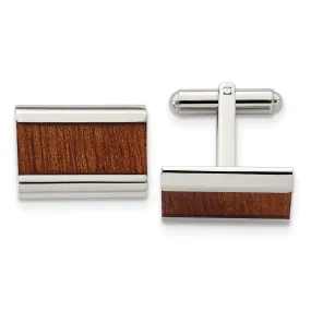 Stainless Steel Brown Koa Wood Inlay Rectangle Cuff Links, 19 x 14mm