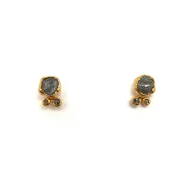 Triple Diamond and Gold Stud Earrings