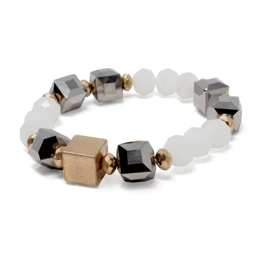 White Glass Beaded Stretch Bracelet with Gold Tone Cube