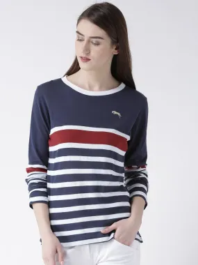 Women Navy Blue Striped Round Neck T-shirt