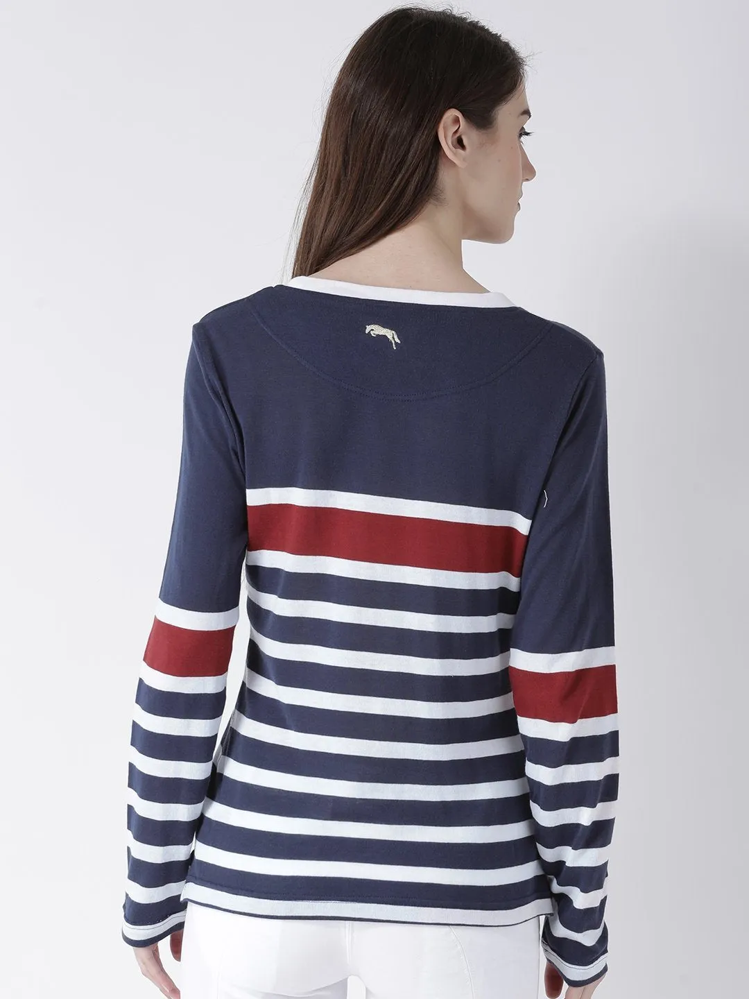 Women Navy Blue Striped Round Neck T-shirt