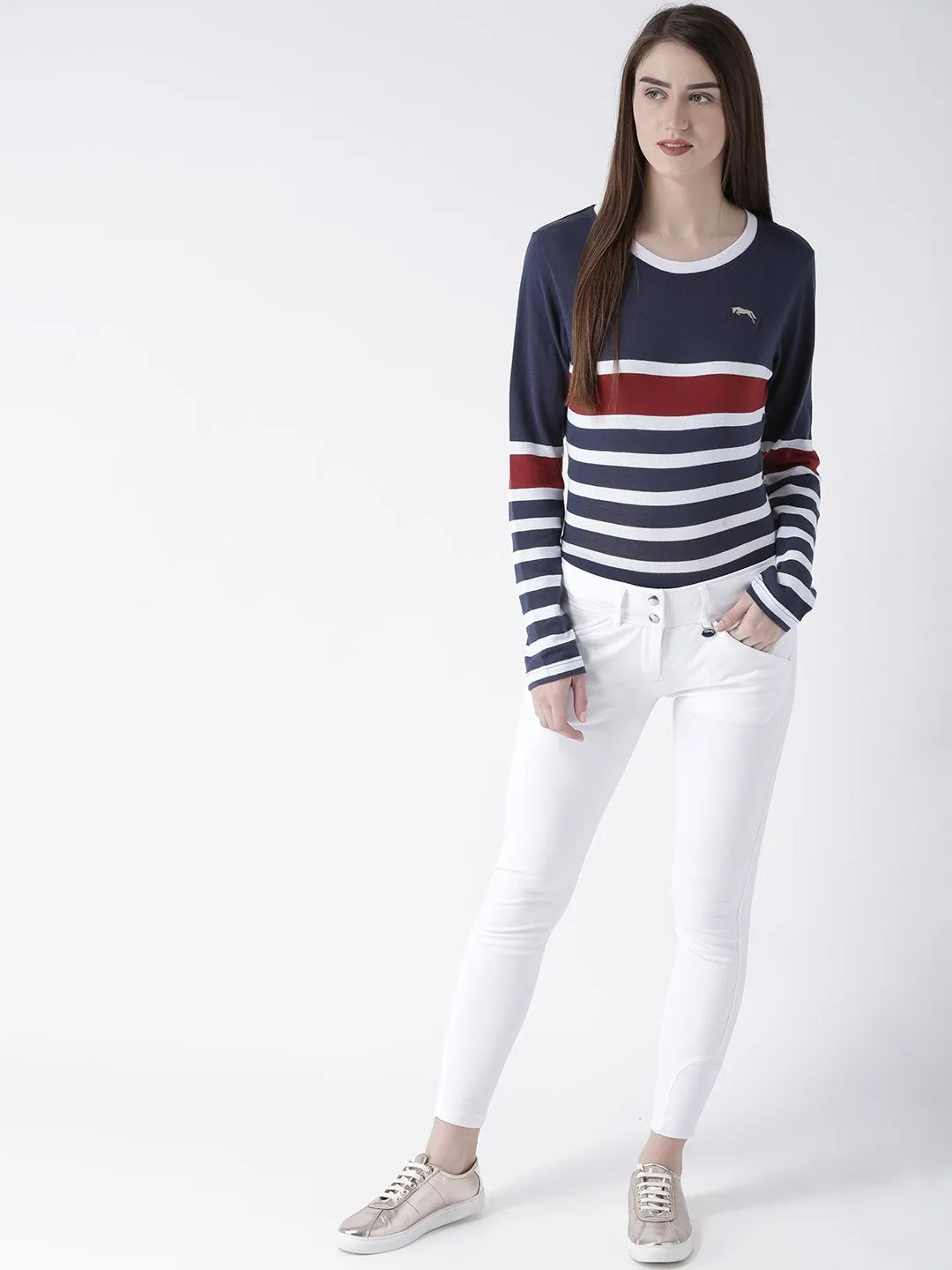 Women Navy Blue Striped Round Neck T-shirt