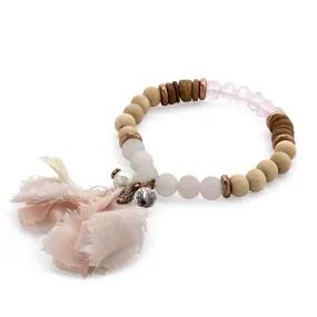 Wood Stone Stretch Bracelet Fabric Tassel Pink